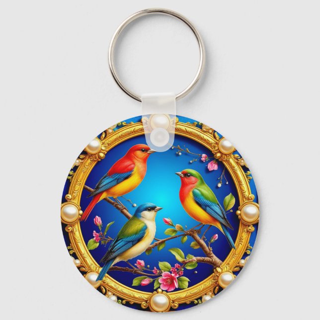 Farbenfrohe Vögel in Verziertem goldenen Rahmen Schlüsselanhänger (Vorderseite)