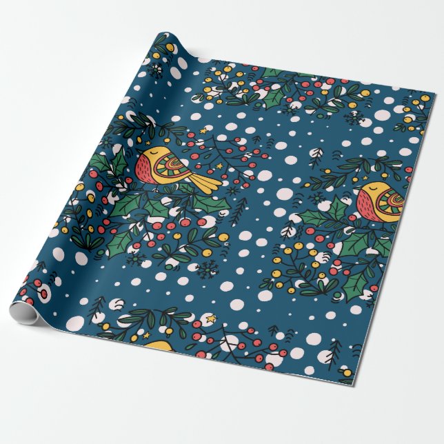 Farbenfrohe Vögel mit Vintagem Blumenmuster Geschenkpapier (Ungerollt)