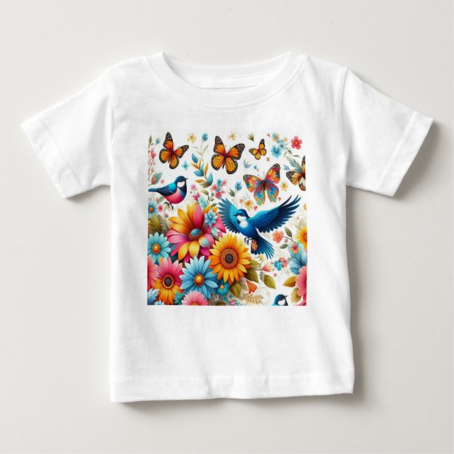 Farbenfrohe Vögel Schmetterlinge Blume Vorlage Nie Baby T-shirt (Vorderseite)
