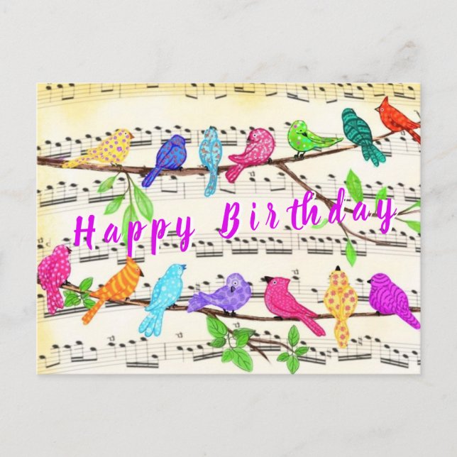 Farbenfrohe Vögel Song Musical Happy Birthday Card Postkarte (Vorderseite)
