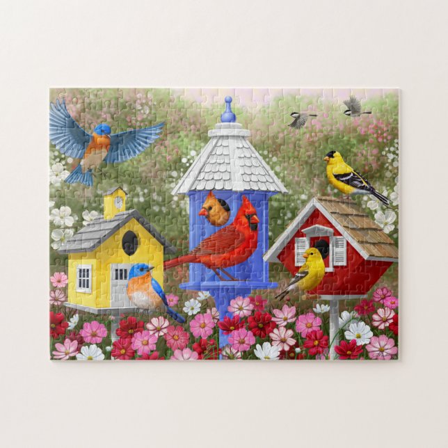 Farbenfrohe Vögel und Birthäuser Blumengarten Puzzle (Horizontal)