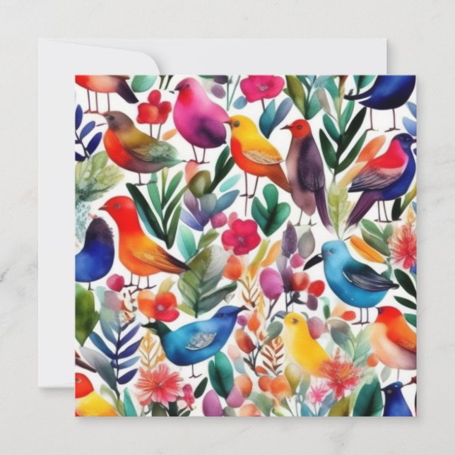 Farbenfrohe Vögel und Blume Einladung (Vorderseite)