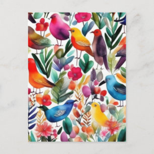 Farbenfrohe Vögel und Blume Einladung Postkarte