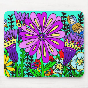 Farbenfrohe Vögel und Blume im Folk Art Style Mousepad