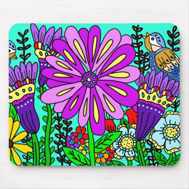 Farbenfrohe Vögel und Blume im Folk Art Style Mousepad (Vorne)