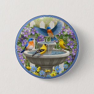 Farbenfrohe Vögel und Blütengarten für Vögel Button