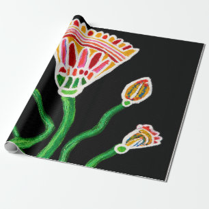 Farbenfrohe volkstümliche Blumenkunst auf Schwarz Geschenkpapier