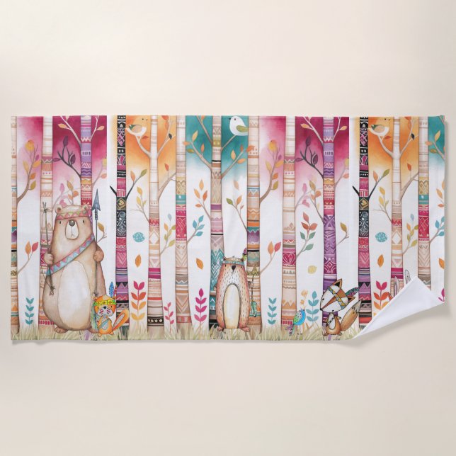 Farbenfrohe Waldbäume und Tiere Strandtuch (Vorderseite)