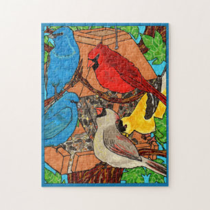 Farbenfrohe Waldlandschaft Wasserfarbe Wildvögel B Puzzle