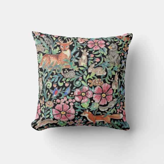 Farbenfrohe Waldtiere Natur auf schwarz Kissen (Vorderseite)