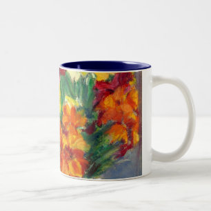 Farbenfrohe Wandblumen handbemalt in Ölpastellfarb Zweifarbige Tasse