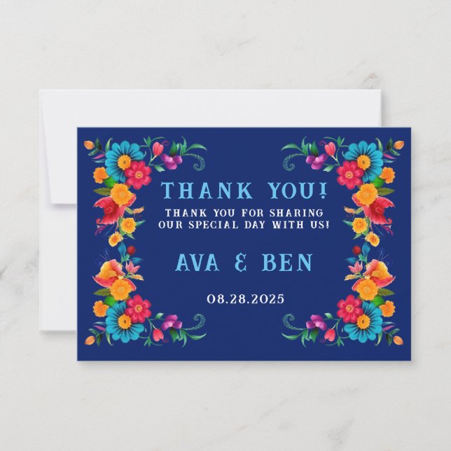Farbenfrohe Wasserfarbe Blumenfiesta Hochzeit Dankeskarte (Vorderseite)