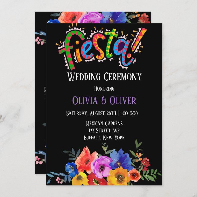 Farbenfrohe Wasserfarbe Blumenfiesta Hochzeit Einladung (Vorne/Hinten)