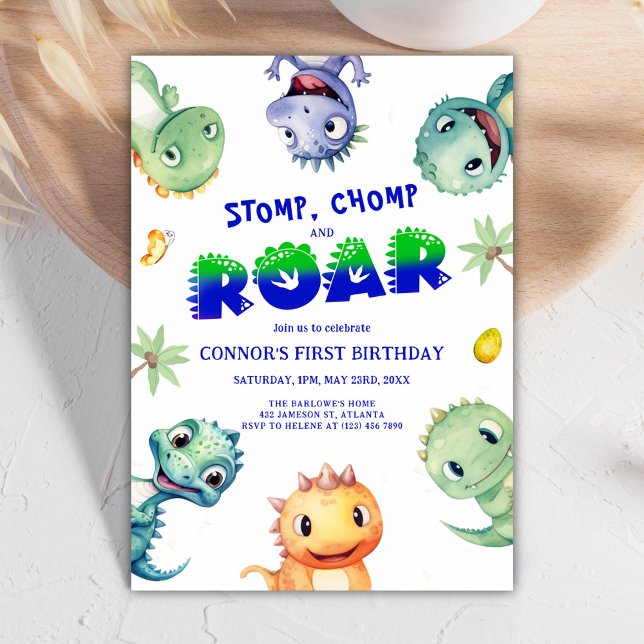 Farbenfrohe Wasserfarbe Dinosaurier Erste Geburtst Einladung (Colorful Watercolor Dinosaur First Birthday Party Invitation)