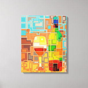 Farbenfrohe Wasserfarbe einer Weinflasche & Glas Leinwanddruck