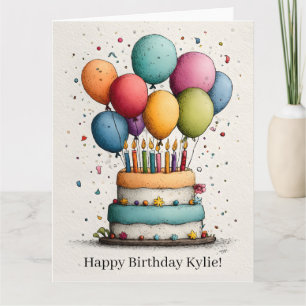 Farbenfrohe Wasserfarbe Geburtstagstorte mit Kerze Karte
