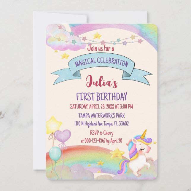 Farbenfrohe Wasserfarbe Regenbogen Einhorn Girl Bi Einladung (Vorderseite)