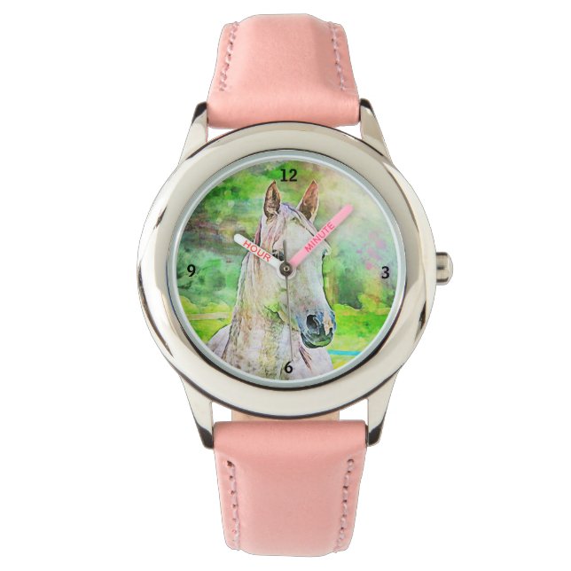 Farbenfrohe Wasserfarbe Rosa Pferd Armbanduhr (Vorderseite)