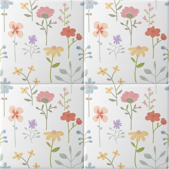 Farbenfrohe Wasserfarbe Wildflora Nahtloses Muster Fliese (Colorful Watercolor Wild Floral Pattern Ceramic Tile)