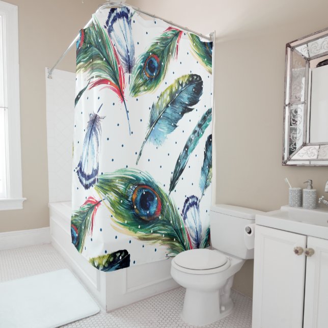 Farbenfrohe Wasserfarben Boho Feathers Illustratio Duschvorhang (Beispiel)