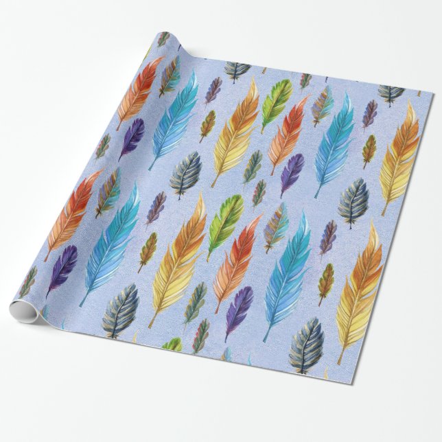 Farbenfrohe Wasserfarben Boho Feathers Muster Geschenkpapier (Ungerollt)