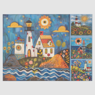 Farbenfrohe Wasserfarben Folk Art Light Houses Seidenpapier