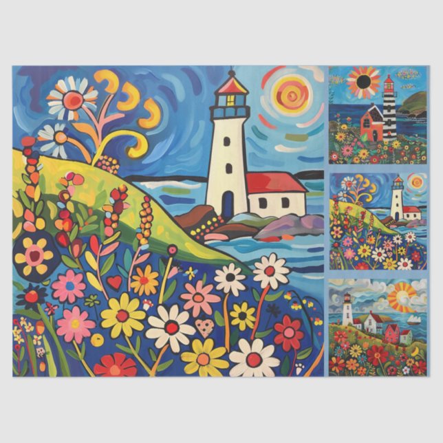 Farbenfrohe Wasserfarben Folk Art Light Houses Seidenpapier (Vorderseite)