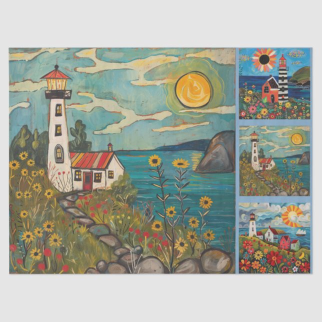 Farbenfrohe Wasserfarben Folk Art Light Houses Seidenpapier (Vorderseite)
