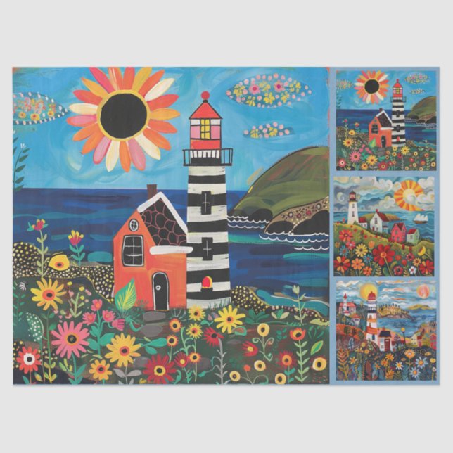 Farbenfrohe Wasserfarben Folk Art Light Houses Seidenpapier (Vorderseite)