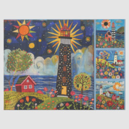 Farbenfrohe Wasserfarben Folk Art Light Houses Seidenpapier