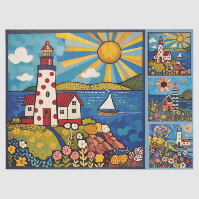 Farbenfrohe Wasserfarben Folk Art Light Houses Seidenpapier (Vorderseite)
