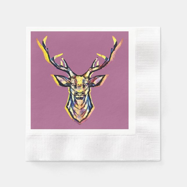 Farbenfrohe Wasserfarben Hirschhaube Kunst Serviette (Vorderseite)