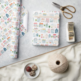 Farbenfrohe Wasserfarbenhäuser Geschenkpapier