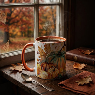 Farbenfrohe Wasserfarbenkürbis und Blätter Tasse