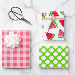 Farbenfrohe Wassermelonen Punkte und Gingham Geschenkpapier Set
