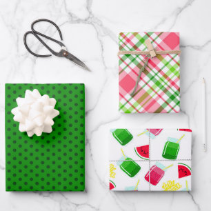 Farbenfrohe Wassermelonen Punkte und Karierte Geschenkpapier Set