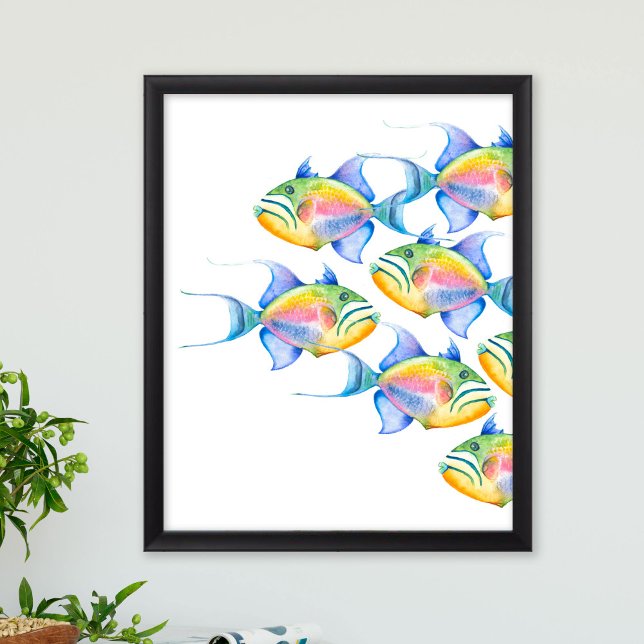Farbenfrohe Watercolor Beach Art Poster (Watercolor tropical fish art custom posters by Victoria Grigaliunas of Do Tell a Belle)