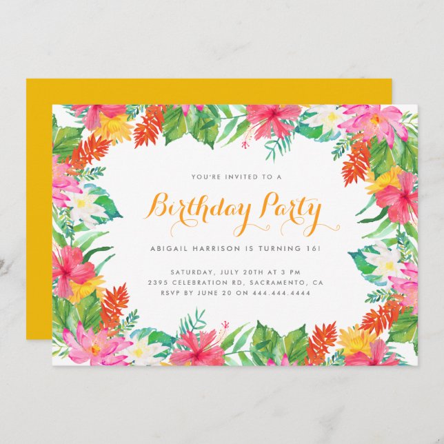 Farbenfrohe Watercolor Tropical Summer Birthday Pa Einladung (Vorne/Hinten)