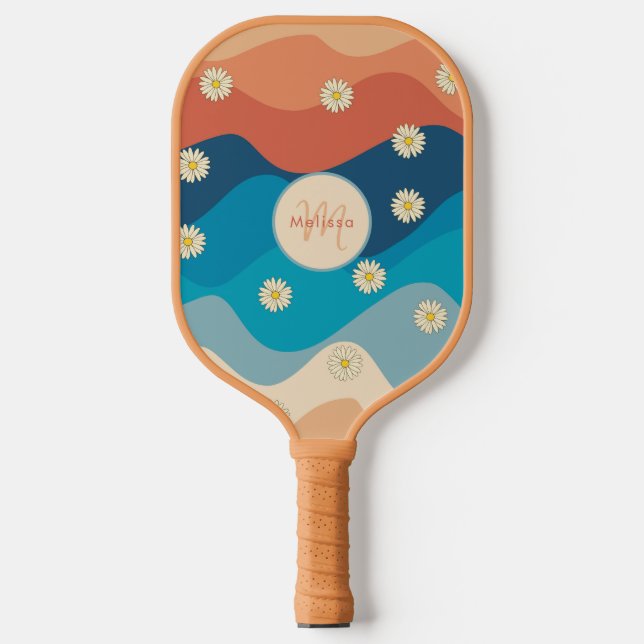 Farbenfrohe Waves & Daisis Muster Monogramm Pickleball Schläger (Vorderseite)