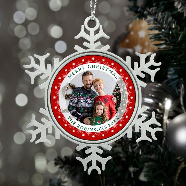 Farbenfrohe Weihnachten Elegantes Fun Family Foto Schneeflocken Zinn-Ornament (Von Creator hochgeladen)