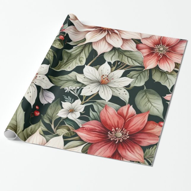 Farbenfrohe Weihnachts-Blume Elegant Schwarz Geschenkpapier (Ungerollt)