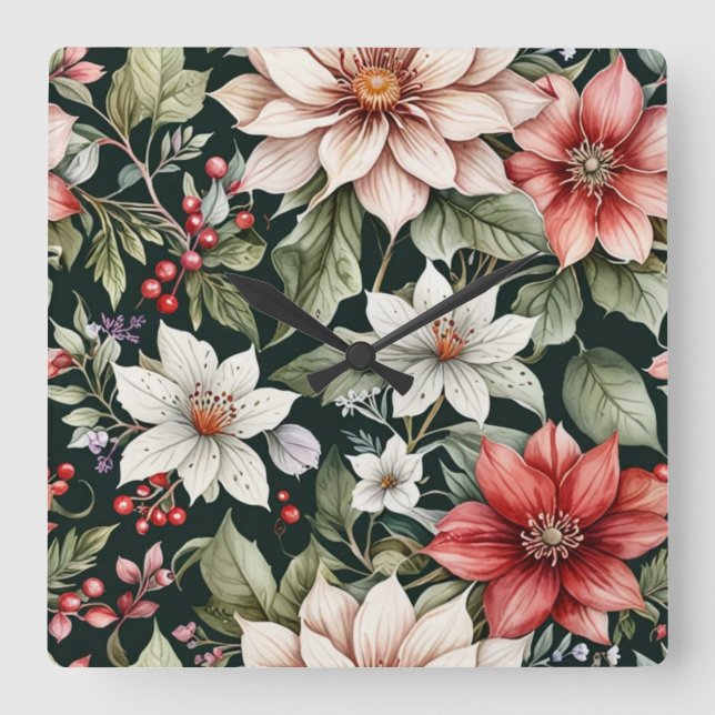 Farbenfrohe Weihnachts-Blume Elegant Schwarz Quadratische Wanduhr (Vorderseite)