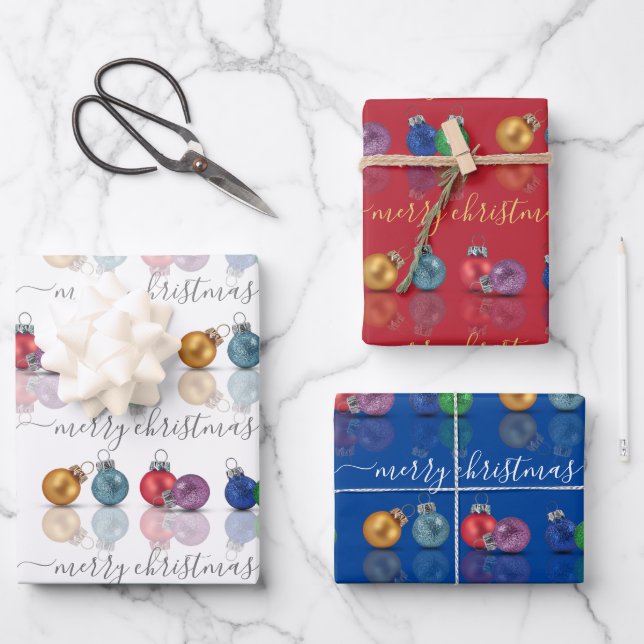 Farbenfrohe Weihnachts-Glitzer-Ornamente Geschenkpapier Set (Vorderseite)