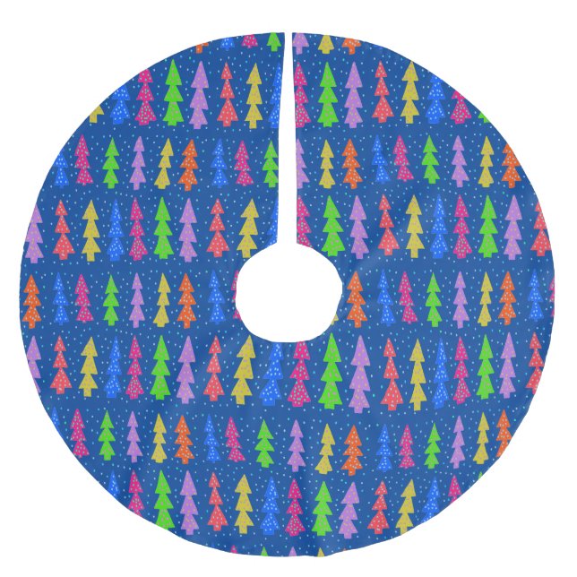 Farbenfrohe Weihnachtsbäume auf blau Polyester Weihnachtsbaumdecke (Vorderseite)