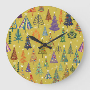 Farbenfrohe Weihnachtsbäume: Festlicher Hintergrun Große Wanduhr