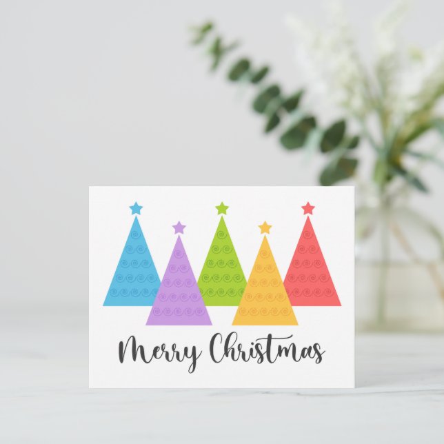 Farbenfrohe Weihnachtsbäume Postkarte (Stehend Vorderseite)