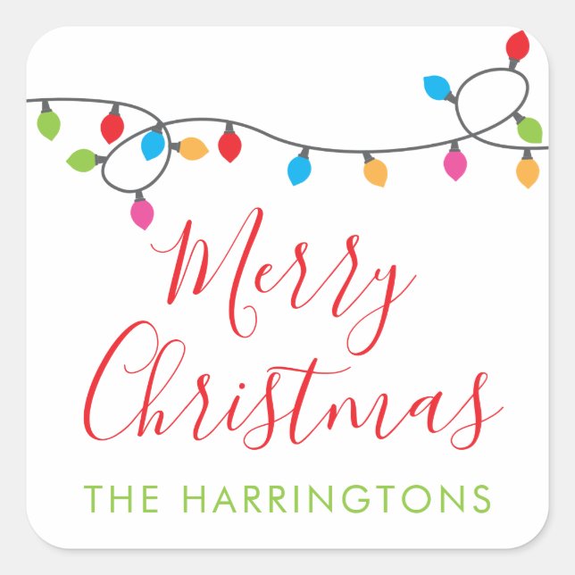 Farbenfrohe Weihnachtsbeleuchtung Geschenksticker Quadratischer Aufkleber (Vorderseite)