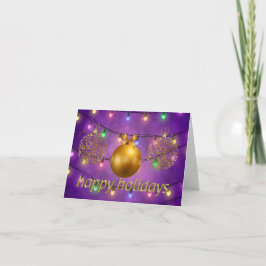 Farbenfrohe Weihnachtsbeleuchtung & Goldene Orname Feiertagskarte