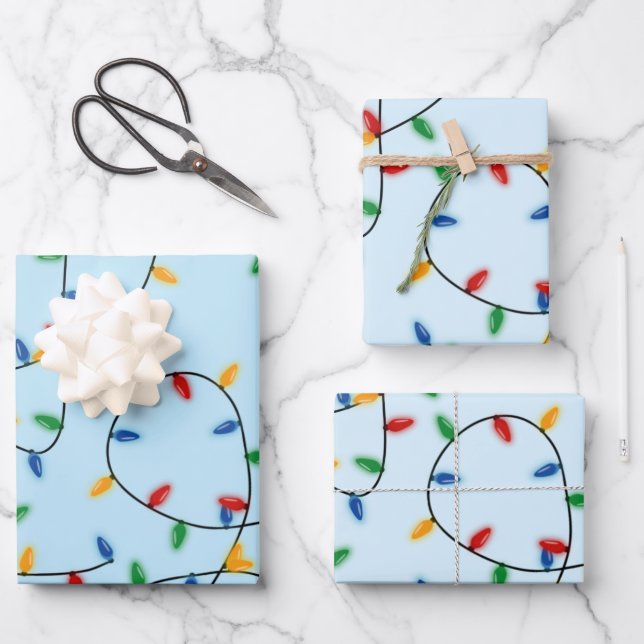 Farbenfrohe Weihnachtsbeleuchtung Muster Blau Geschenkpapier Set (Vorderseite)