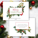 Farbenfrohe Weihnachtsblume mit Label Feiertagskarte<br><div class="desc">Freuen Sie sich auf fröhliche und farbenfrohe Blume mit Kiefernästen,  Poinsettias,  Hölzernblüten,  Blätter und Heiligen mit leerem Etikett für Ihre Personalisierung. Die Rückseite bietet ergänzende Blumengrafiken und zusätzliche Textfelder.</div>